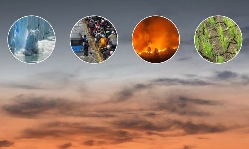 4 circle inset photos of climate change effects against a sunset cloudy sky
