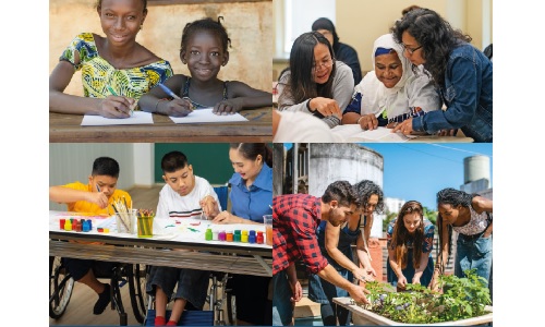 Colourful montage of photos of diverse groups of people