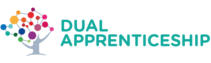 Graphic design of tree with coloured baubles and text 'dual apprenticeship'