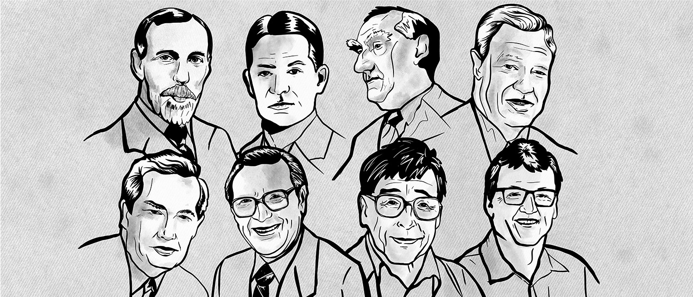 Drawing of all Nobel Laureats from University of Glasgow - Top row: left to right, William Ramsay, Frederick Soddy, John Boyd Orr, Alexander Todd. Bottom row: left to right, Derek Barton, James Black, Robert Edwards, David MacMillan.