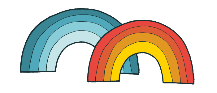 A cartoon blue rainbow and a cartoon red rainbow.