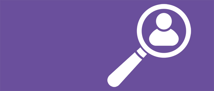 Graphic of a person inside a magnifying glass, on a lavender background