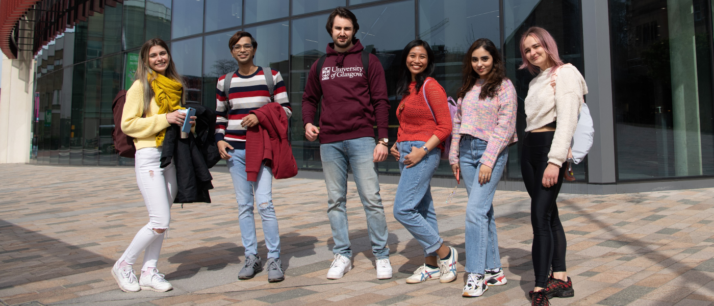 An image of five students stood outside the James McCune Smith hub