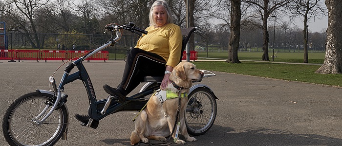 A middle-aged woman using a tricyle in a park with her guidedog siting alongside her. Source: Centre for Better Aging https://ageingbetter.resourcespace.com/pages/view.php?ref=11437&k=&search=11883%2C+%40%40339&offset=0&order_by=&sort=DESC&archive=