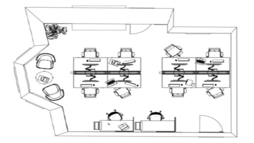 Floor plan of 1 University Gardens proposed designated space - 2 banks of 4 workspaces, 2 workspaces facing the south wall, and break out seating to the left
