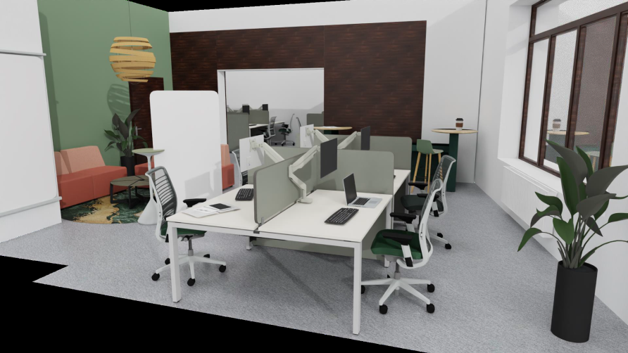 Room with banks of desks, chairs and computers