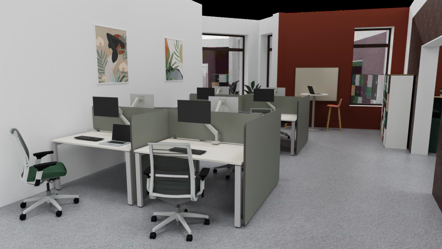 Room with banks of desks, chairs and computers