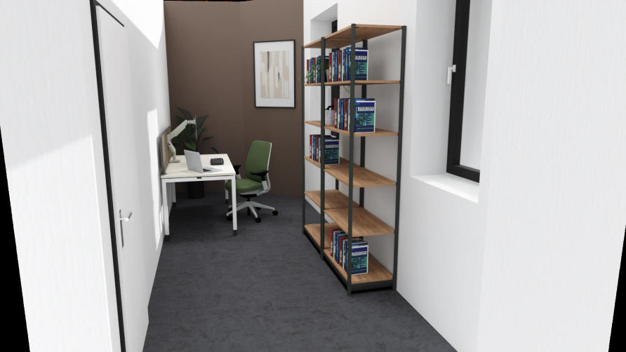 Room with single desk, chair and computer to the left and bookshelf to the right