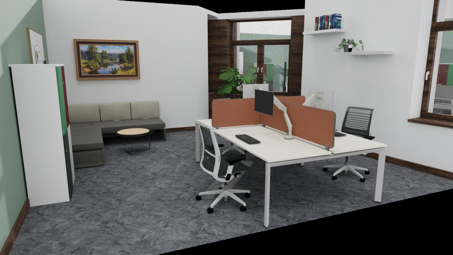 Room with bank of desks in middle, with breakout space to the right