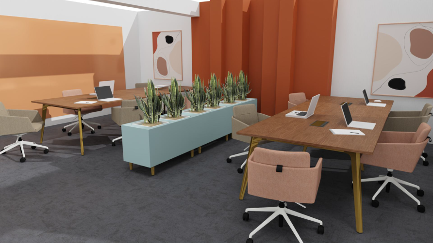 office room with desk at each end and planters dividing the room