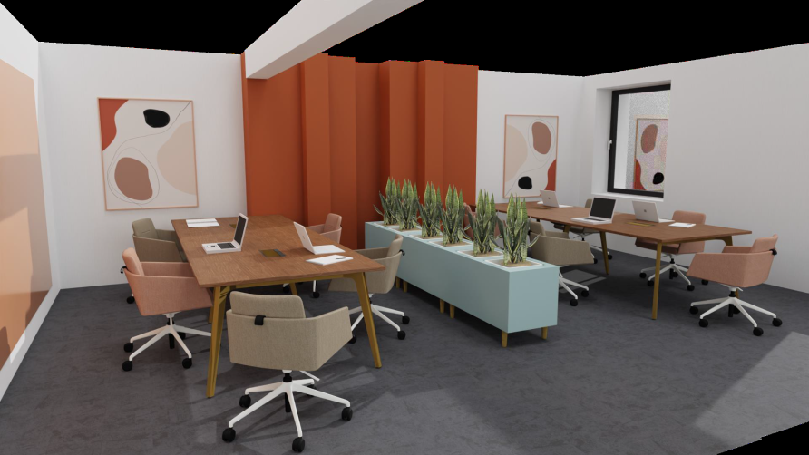 office room with desk at each end and planters dividing the room