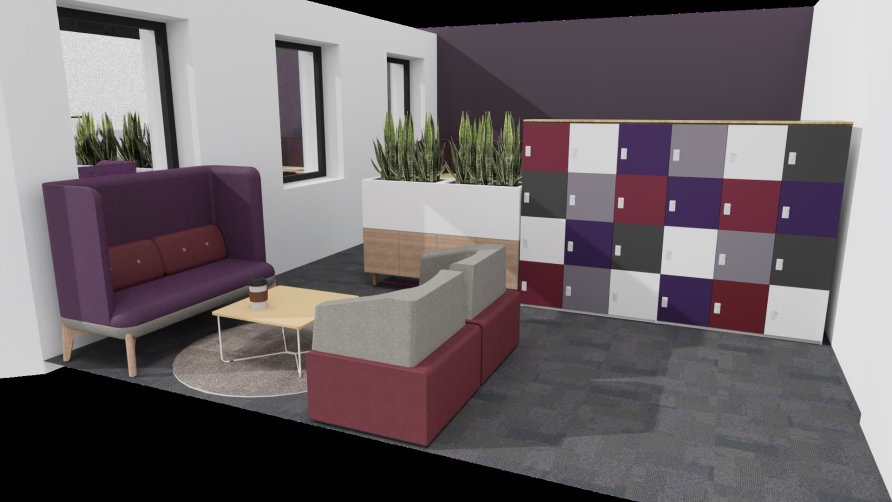 room with soft seating and coffee table in front of multi coloured lockers and planters