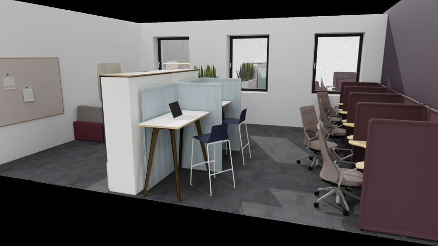 room with high desk and stool to the right with computer desks to the left with chairs