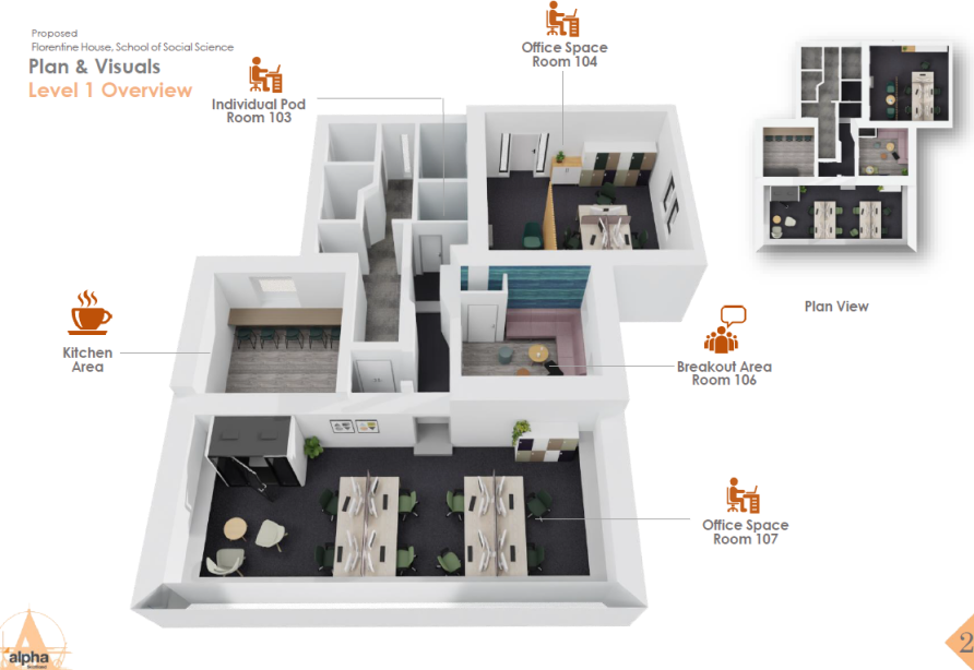 Artist impression of a floor plan showing 5 separate areas for workspace