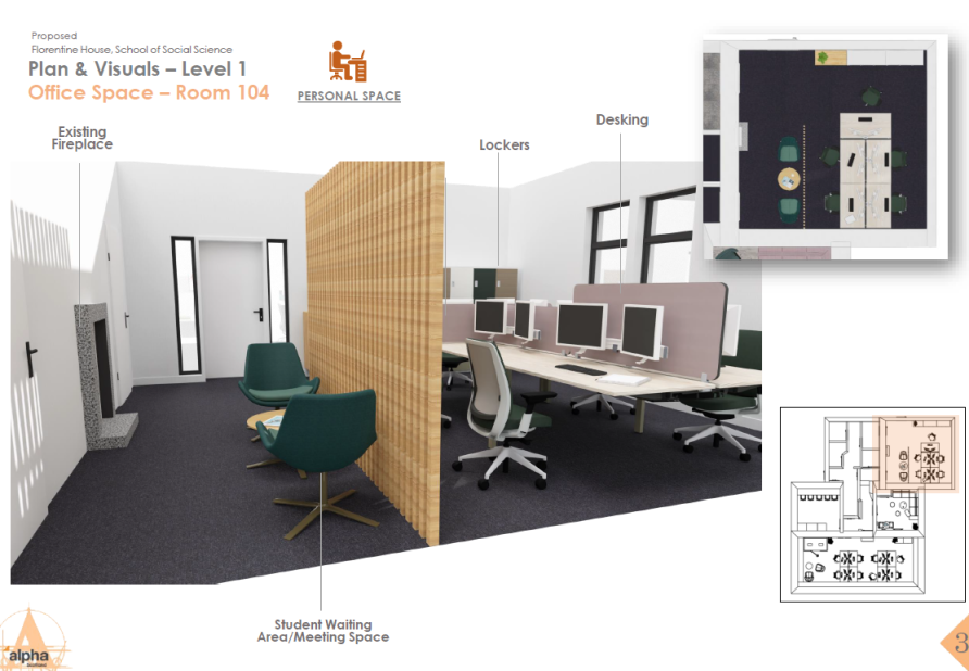 Artis impression of office space with desks along the left a room divider in the middle and lounge style seating beyond