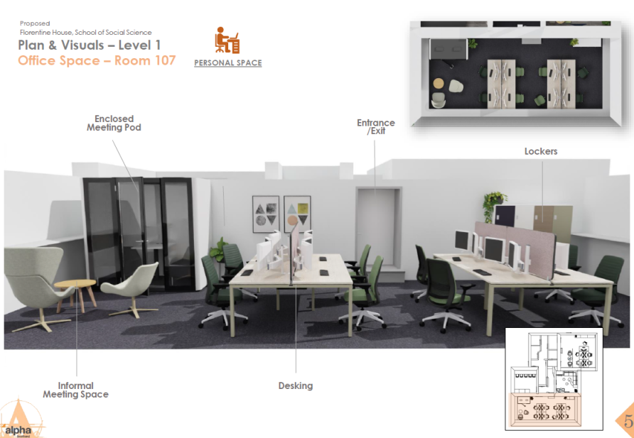 Artist impression of office with two banks of desks seating 4 each and breakout seating to the left of the room