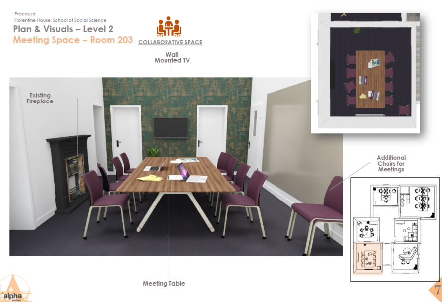 Collaborative space with large meeting table and seating for 8 with additional chairs to the side