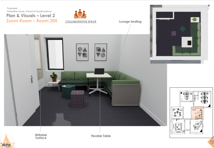 Collaborative space with comfortable corner seating and movable table with additional box stools for seating