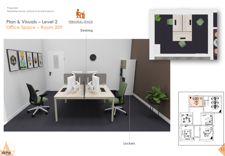 workspace with two desks facing each other with chairs and computers, lockers to the back right of the room