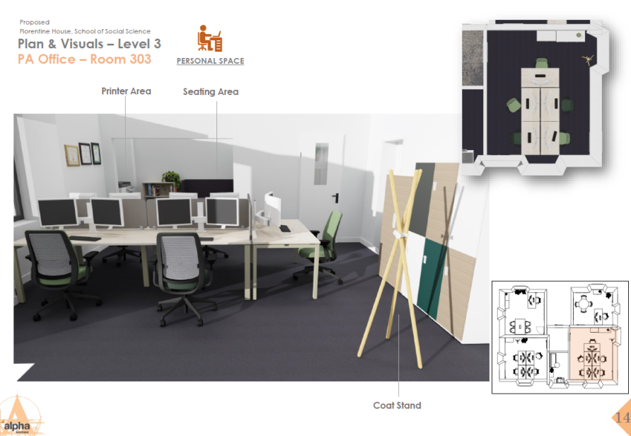 Shared office space with desks for 5 people, dual screens and chairs, coat stand and lockers to the right