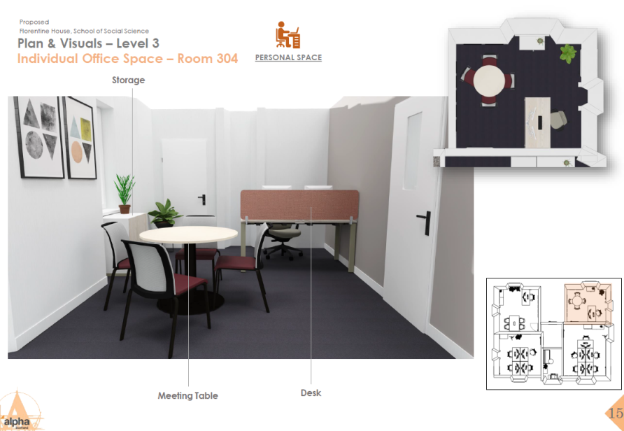 Individual office space with one desk, dual screens and chair at back of room with small meeting table and seating for 4 at front of room