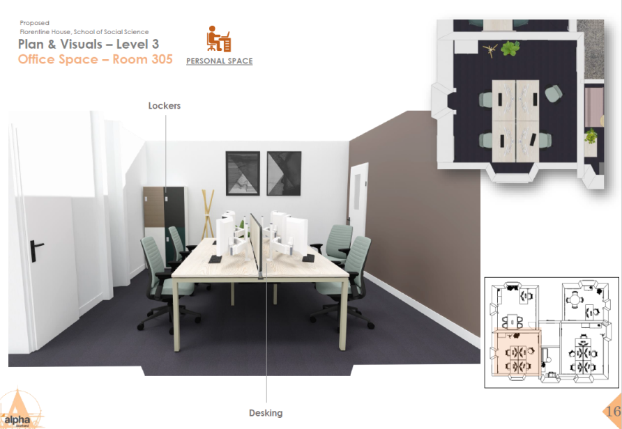 Shared office space for 4 people, dual screens and chairs in middle of room with coat stand and lockers to the far left of room