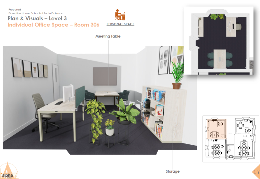Spacious individual office space with desk, dual screens and chair to the left, and meeting table with 4 chairs to the back of the room, bookcase and plants to the right