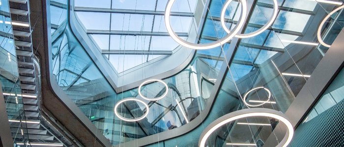 Shot looking up at the glass ceiling in the Advanced Research Centre