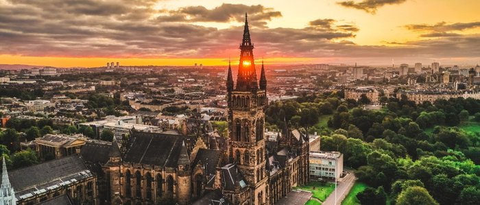 University of Glasgow drone shot at sunset