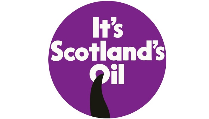 Logo with a purple circle, with the text 'It's Scotland's Oil' and black shape to represent oil flowing from the centre of the 'o' in oil to the bottom of the circle. Source: Wikimedia Commons https://commons.wikimedia.org/wiki/File:It%27s_Scotland%27s_Oil_Badge.svg