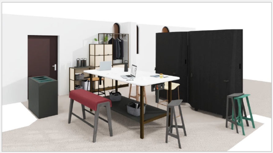 Artist impression of office with tall desk and stools in middle of room