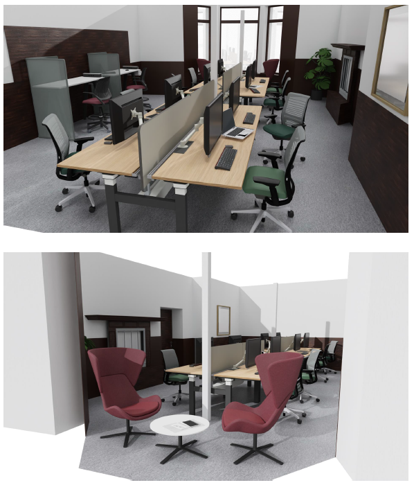 Two images of illustrations of office space for the School of Humanities - images include large banks of desks at the top with breakout areas in the image below