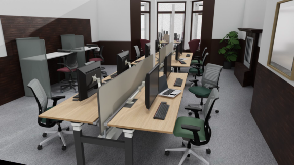 Artist impression of a shared office space with desk, chairs, computers