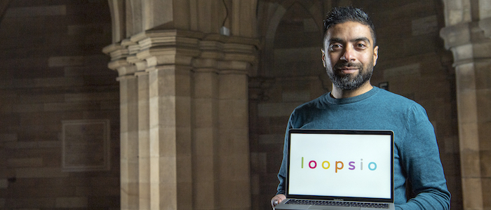Loopsio founder Omar Tufayl in the cloisters at the University of Glasgow