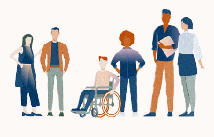 Group of people in a line up together with a beige background one carrying a book