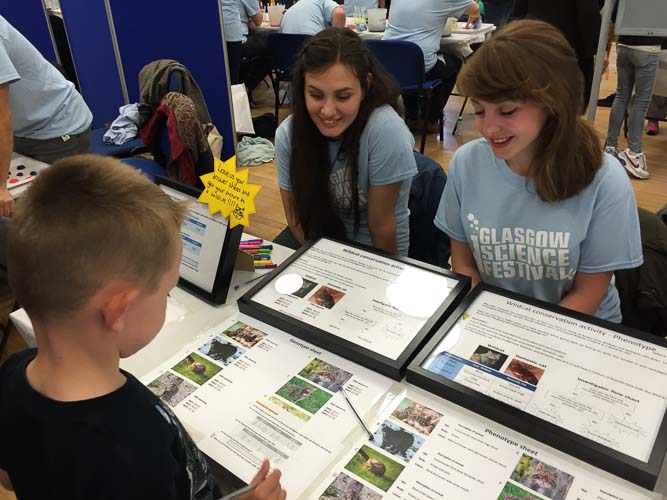 Photograph showing two GSF in Action students at a table with worksheets and information about DNA phenotypes and wildcats. 