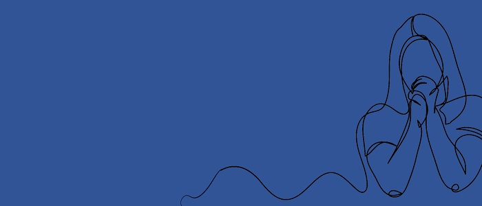 An image of a pencil drawing on a blue background of a woman clasping her hands 