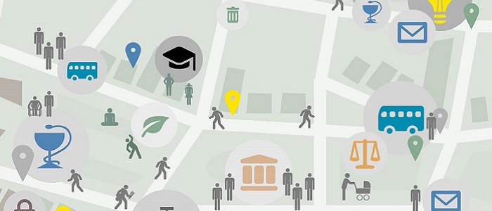 A graphic of map of a neighbourhood with people, roads, transport, buildings and symbols for services