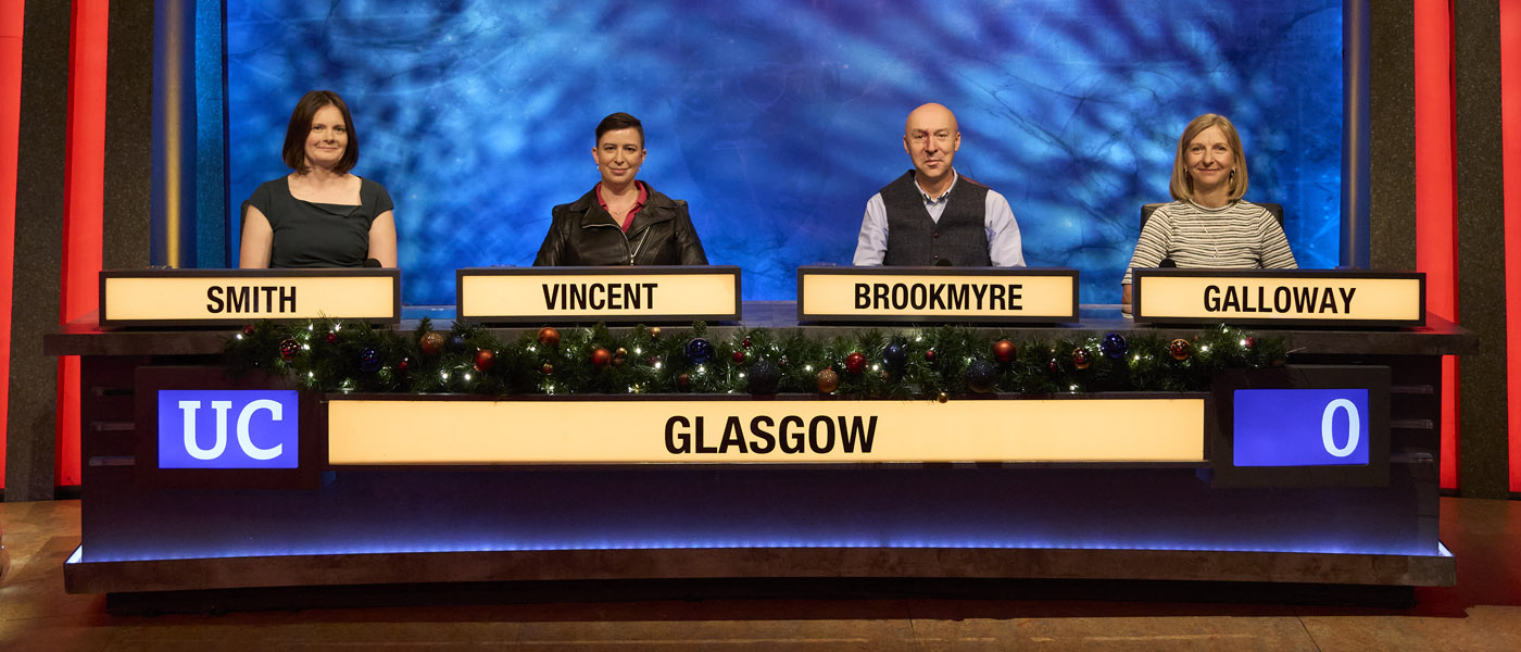 The Glasgow team on University Challenge. Image courtesy of Lifted Entertainment / ITV Studios