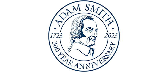 Image with line drawing portrait of Adam Smith surrounded by a circle with the text 'Adam Smith, 1723-2023, 300 year anniversary'