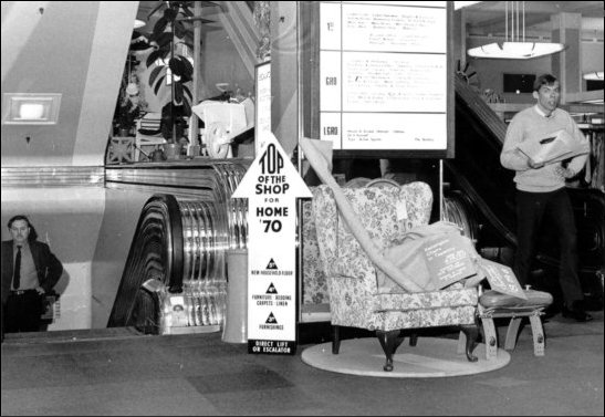 Photograph of customers using the stair elevators, c1970. (GUAS Ref: HF 51/6/1/5/5 photo 2. Copyright reserved.)
