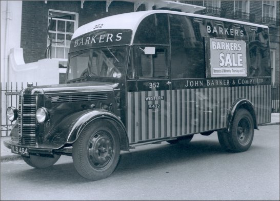 Photograph of a typical John Barker Van. Example of the fleet of Delivery Vans in current use by the Company, for forwarding of customers’ goods over a wide area daily, in London and the Home Counties, about 1959. (GUAS Ref: HF 51/8/1/1/3 photo 11. Copyright reserved.)