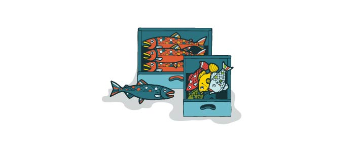 Cartoon image of some fish in drawers.