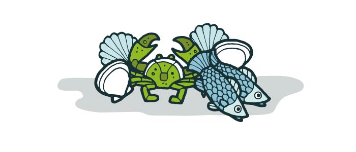 Cartoon image of a green crab surrounded by fish and clams.