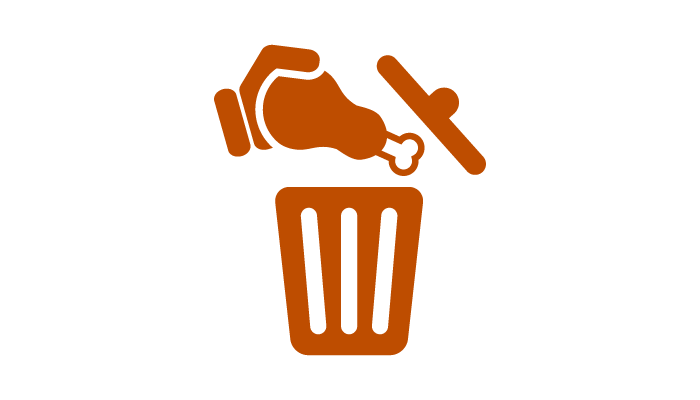 Hand throwing a chicken wing into a bin icon