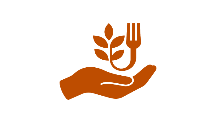 Icon of a hand holding a fork that bends into a stem and leaf
