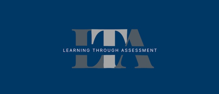 Learning through assessment logo on a blue background