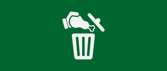 Hand throwing a chicken wing into a bin icon