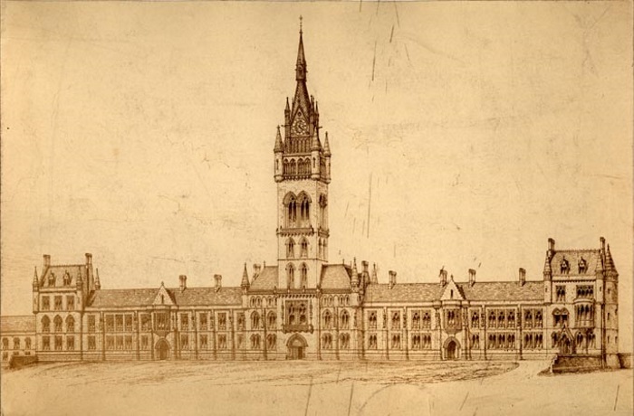 Drawing of the proposed design for new buildings on Gilmorehill, with permission of Glasgow University Archive Services 
