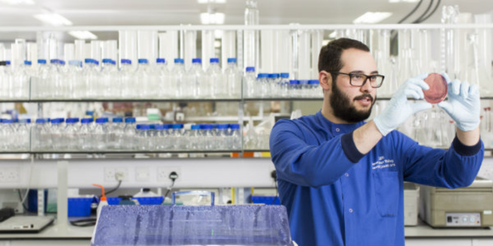 A student in a lab looking through a petri dish